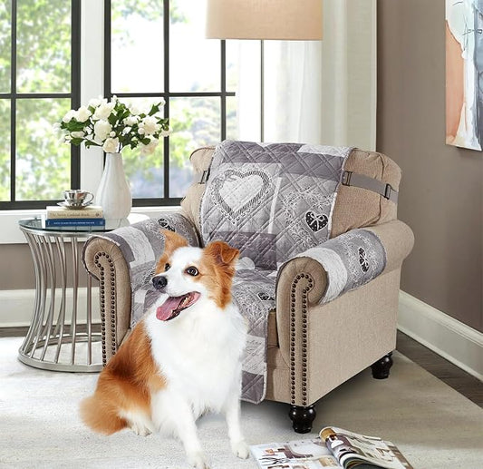Brilliant Sunshine Grey Heart Love Patchwork Quilted Chair Slipcover, 23" Seat Width, Slip Resistant Furniture Protector, 2" Strap, Washable Armchair Cover for Pets, Kids, Dogs, Cats, Grey | Non Slip Sofa Cover, Quilted Furniture Protector, Washable Ch... by BrilliantSunshine