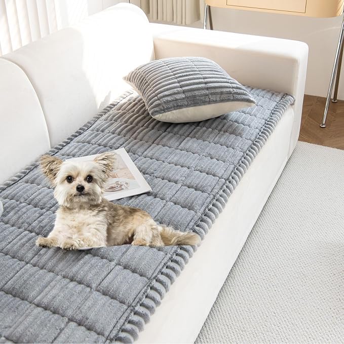 Faux Fur Plush Dog Couch Cover 3D Stripe Fuzzy Sofa Cover Non-Slip Fluffy Dog Bed Cover Pet Blanket Sofa Couch Furniture Protector for Puppy Large Dog Cat (Light Grey,31"x70") by WelcometoXSlive