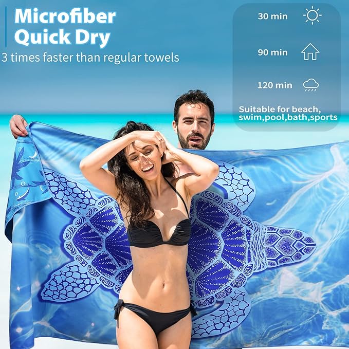 TwoYek Microfiber Beach Towel Extra Large 71x32 inches Blue Turtle Print | Thin & Lightweight, Oversized Sand Free Quick Dry Towels for Travel Pool Camping Sports Accessories Vacation Essentials Gift - Image 4