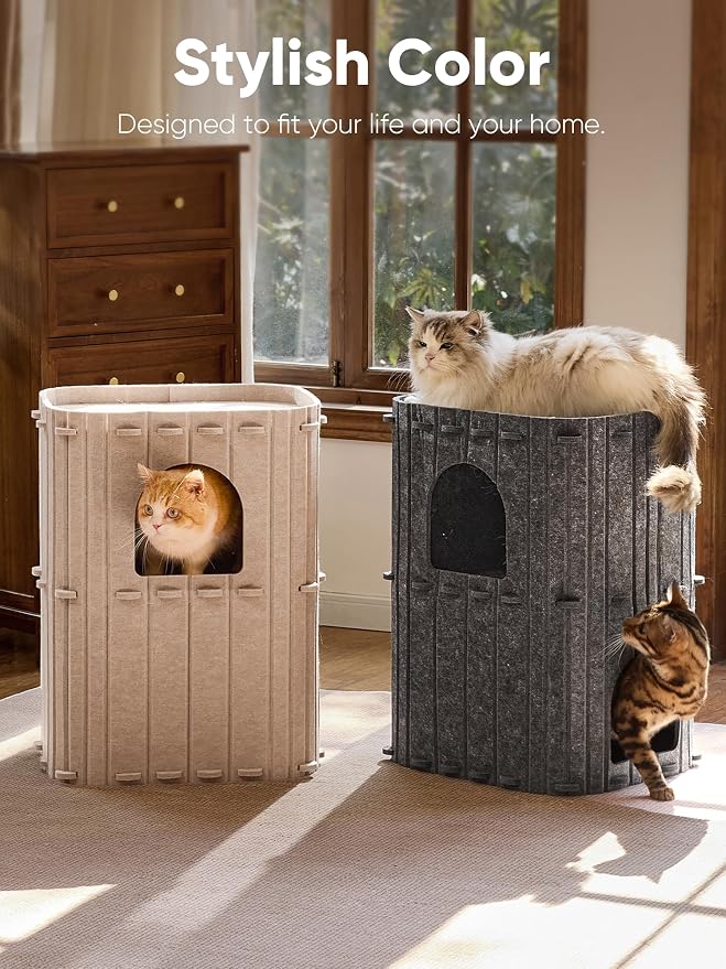 FUKUMARU Cat House for Indoor Cats, Warm Felt Cat Bed, Scratch Resistant | Large Cat Bed Cave, 3-in-1 Cat Condo, Cozy Felt Covered Cats Tunnel, 23.62 Inch Kitten Hideaway for Multicats, Dark Grey - Image 6