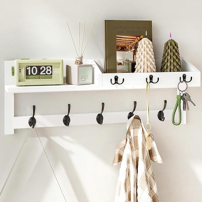 AMBIRD Wall Hooks with Shelf, 26.57 Inch Entryway Wood Coat Hooks for Wall, Coat Rack Wall Mount with 5 Dual Hooks 3 Key Hooks Mail Organizer and Key Rack Holder (White) by AMBIRD