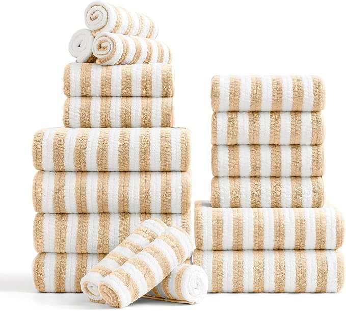 18-Piece Microfiber Bath Towels Set - 6 Bath Sheet, 6 Hand Towels, 6 Washcloths, Soft, Highly Absorbent Bathroom Towel, Quick Dry & Less Lint Shower towel for Bathroom, Hotel, Spa, Dorm-Apricot Yellow by FerdilanUS