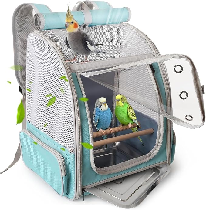 halinfer Bird Backpack Carrier Cage, Front Zipper Opening Portable Bird Travel Bag with Standing Perches and Metal Tray, Vented Carry Transport Carrier for Parakeet, Budgie, Conure, Cockatiel, Parrot by halinfer