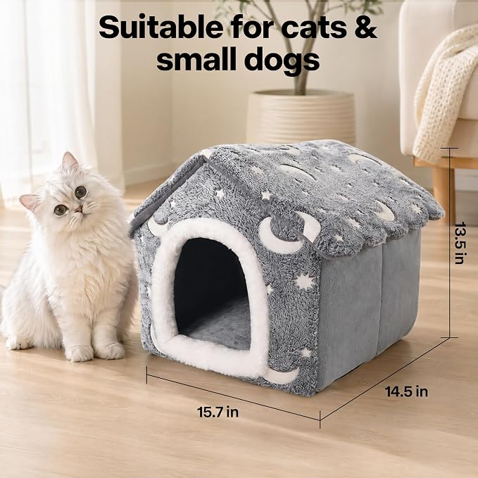 PAWISE Luminous Cat Bed Indoor, Foldable Dog House Tent with Glowing Stars Moon, Soft Warm Puppy Cave Nest for Small Dogs Cats, Washable Pet Hut (15.7"x14.5"x13.5") - Image 4