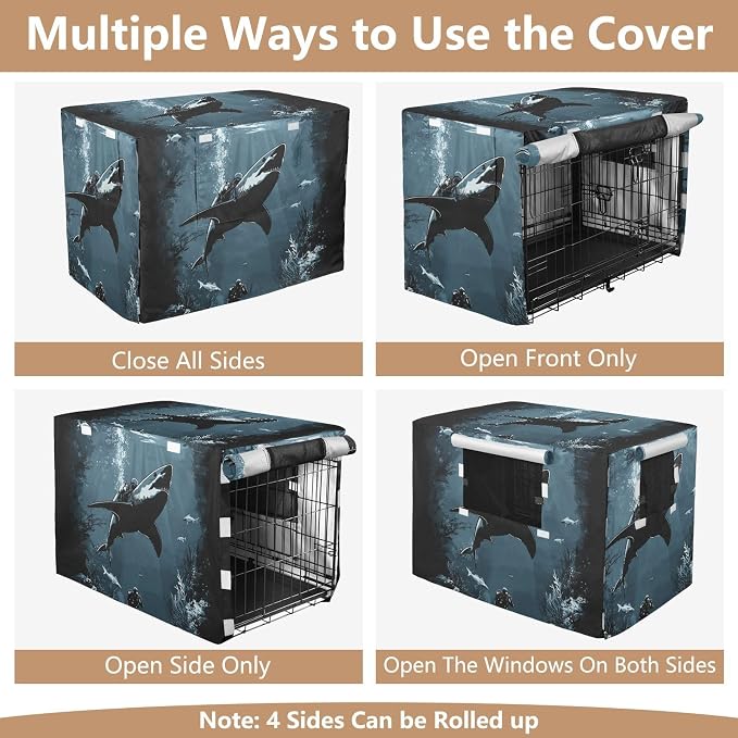 Dog Crate Cover Kennel Cover for Dog Cages Breathable for Wire Cage Indoor Outdoor Shark Scuba Diver Sea Ocean Blue - Image 5