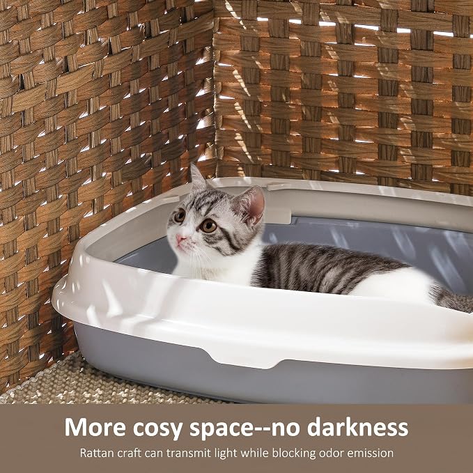 Cat Litter Box Enclosure with Door, Hidden Cat Washroom Furniture | Handwoven PP Wicker; Soft Litter Mat Included; Spacious Interior; Furniture-Style Design; Indoor Home Décor - Image 5