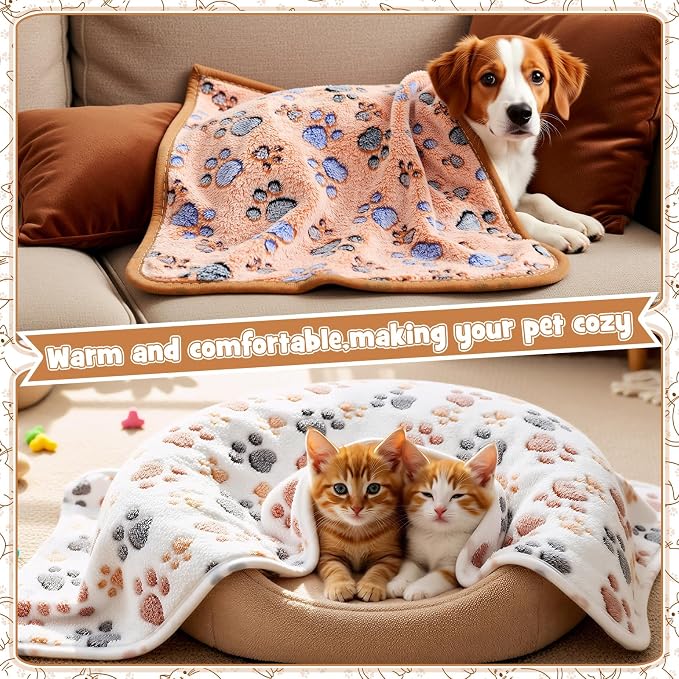 Tegeme 12 Pcs Pet Blankets 30 x 20 Inch Soft Fluffy Fleece Dog Cat Warm Paw Print Pattern Blankets Flannel Throw for Pets Dog Puppy Cat(Pink,Beige,Camel) - Image 6