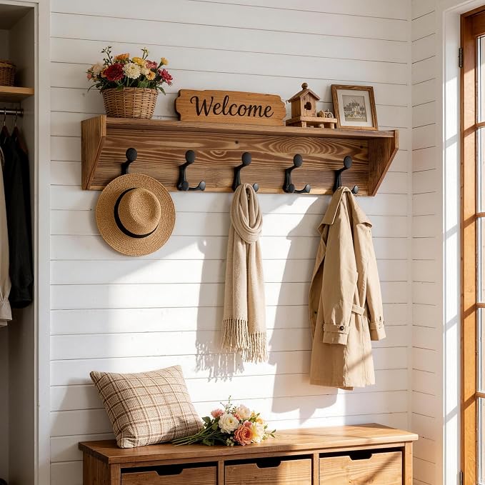 SKOLOO Wall Shelf with Hooks, 35-Inch Coat Rack Wall Mount with Shelf Organizer - Heavy Duty, 5 Tri Hooks - Perfect for Entryway, Hallway, Living Room, Bedroom, Mudroom, Wood Brown & Black - Image 3