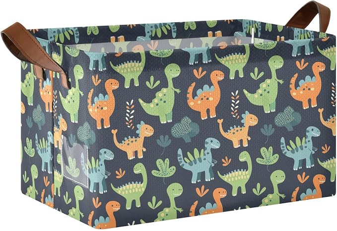 Sage Green Dinosaur Orange Black Baby Storage Basket with Labels&Handles Rectangular Waterproof Nursery Storage Bins Collapsible Shelf Organizer Baskets for Kids Books Cloth Gift Toys Laundry by Unknown