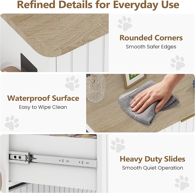 Dog Feeding Station Cabinet, Elevated Bowls with Slow Feeder Insert, White | Slow Feeder Insert, Large food bin, Removable Divider, 3 Side Hooks, Pull-Out Drawer, Easy to Clean for Small & Middle Dogs - Image 7