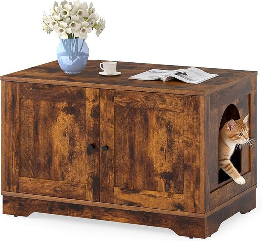 Tangkula Cat Litter Box Enclosure, Wooden Kitty Washroom Cabinet w/Winding Entry & Cat Hole, with Divider, Hidden Double Enclosed Litter Box Furniture for Living Room, Bedroom, Entryway (Rustic Brown) by TANGKULA
