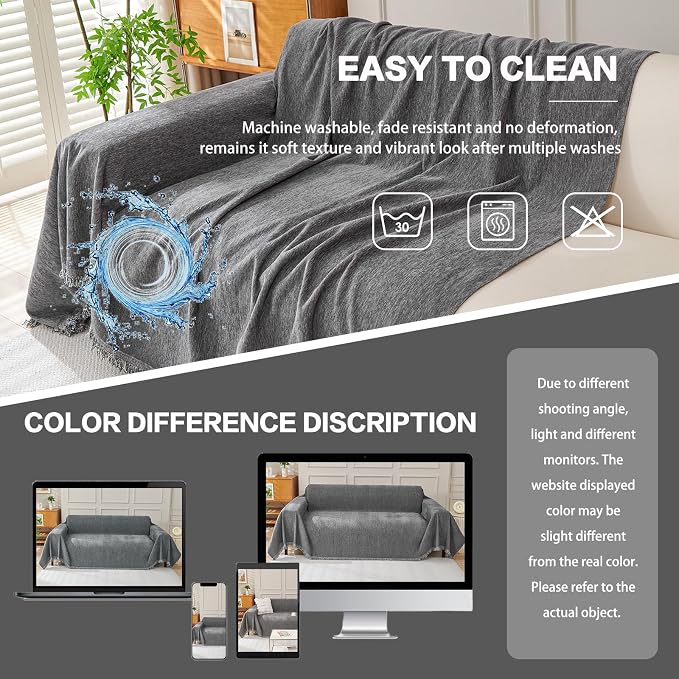 DREAMINGO Sofa Covers Washable Thick Chenille Couch Cover for 3 Cushion Couch Sofa Multi-Use Couch Cover Blanket Modern Pet Furniture Protector Sectional Couch Slipcover 91"x134", Dark Grey - Image 6