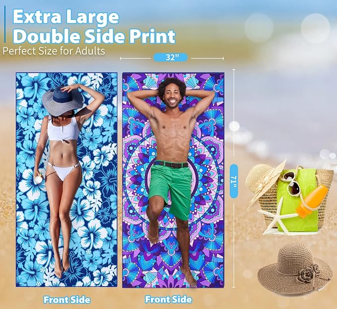 2 Pack Microfiber Thin Beach Towel Lightweight 71x32 Oversized Extra Large Sand Free Towels Quick Dry for Travel Pool Yoga Gym Sports Beach Accessories Vacation Essential Gift - Image 3