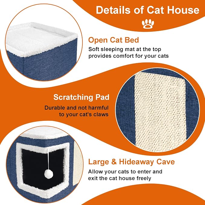 Loyareal Cat Houses for Indoor Cats - Large Cat Bed Cave with Scratch Pad and Fluffy Ball, Foldable Cat Condo Hideaway with Reversible Cushion for Multi Small Pet, Navy Blue - Image 4