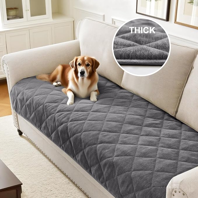 Couch Covers for Dogs Chenille Sofa Covers for 3 Cushion Washable Quilted Checkered Fuzzy Pet Couch Cover Soft Couch Protector Non-Slip Sofa Pads for Puppy Cat Kids(34.5" x 70",Light Grey) - Image 2