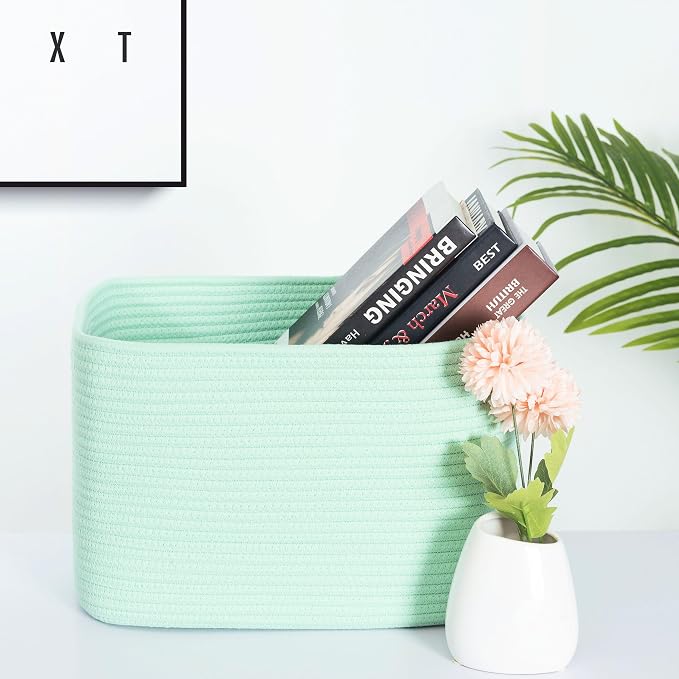MINTWOOD Design 3-Pack Decorative Woven Storage Baskets for Shelves, Cube Bin Box for Organizing Books, Shoes, Dog Toys, Pantry Closet and Living Room Organizer, Mint - Image 2