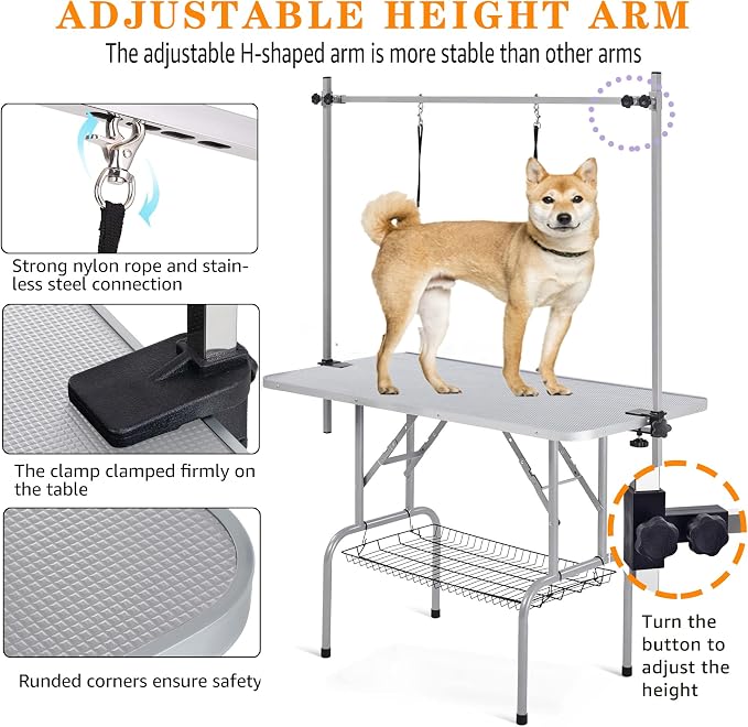 Professional Dog Pet Grooming Table Adjustable Heavy Duty Portable w/Arm & Noose & Mesh Tray (Grey, 36") - Image 3