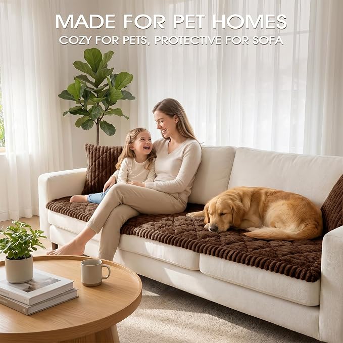 Non-Slip Washable Couch Cover for Dogs, Thick Plush Grid Flannel | 27.6"x82.7", Brown, 0.8" Thick, Rubber Dot Backing, Pet-Friendly Protector for Sofa, Floor, Window Bench, Car Seat or Camping - Image 2