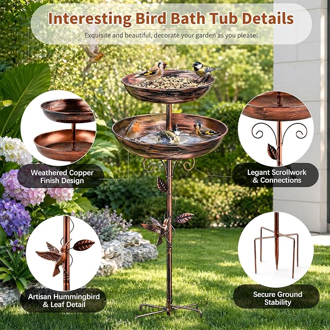 2-in-1 Tall Bird Bath and Feeder for Outdoors, 47" Adjustable Metal Standing Birdfeeder with 5-Prong Base, Antique Copper Finish Rustproof Water Bowl & Seed Tray Station for Garden Yard Patio Decor - Image 5