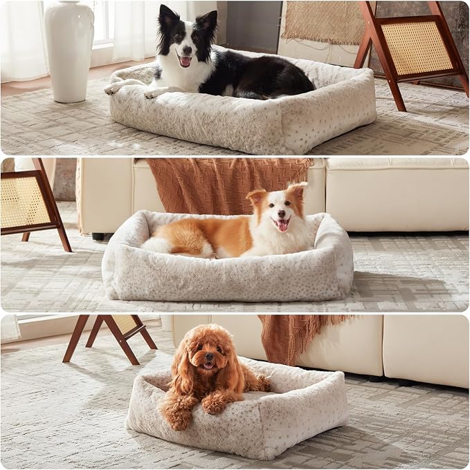 JOEJOY Large Dog Beds Large Sized Dog, Removable Washable Cover Orthopedic Soft Faux Rabbit Fur Pet Bed, Anti-Slip Fluffy Plush Faux Rabbit Fur Puppy Bed, 36"x27"x8", Leopard Print, Beige - Image 7