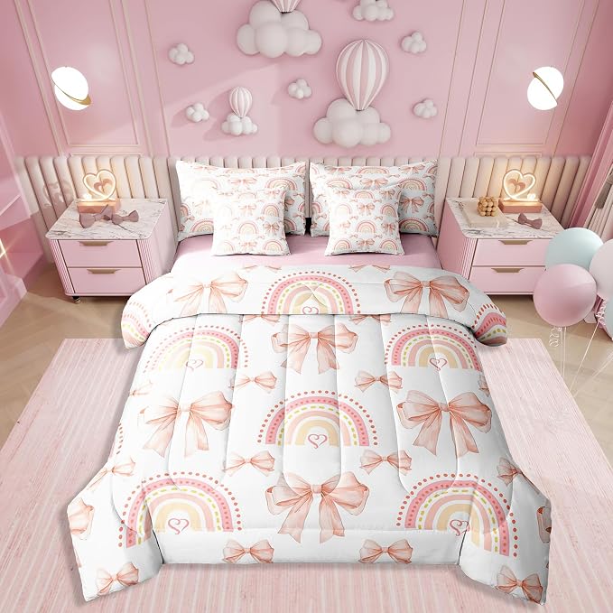 Erosebridal 7 Piece Rainbow Bowknot Bedding Set for Teens,Dreamy Princess Style Kids Girls Comforter Set Full Bed in a Bag,Romantic Valentine Day Sheet Set,Bow Tie Heart Shaped Duvet Insert by Erosebridal