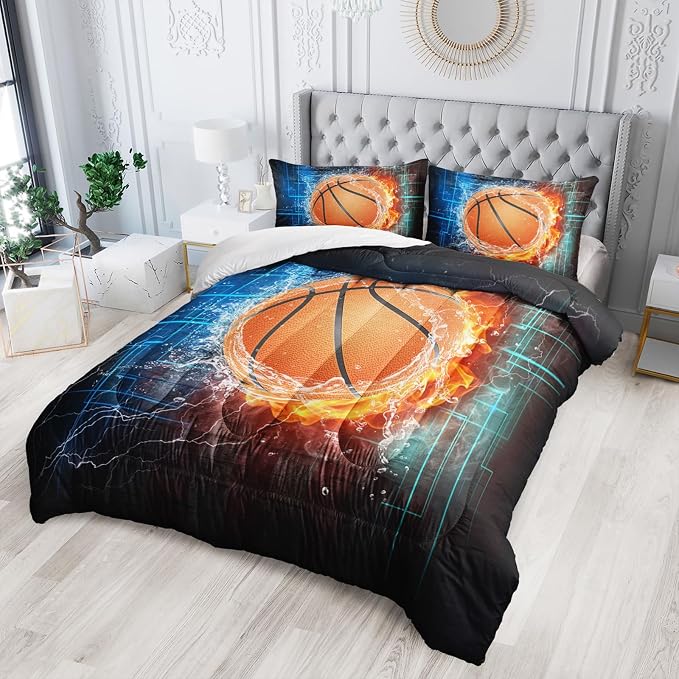 Nttopship Basketball Comforter Set - Full Size, 3 Piece Sport Themed Bedding - 3D Sport Basketball Microfiber Bedding Set for Boys Kids (1 Comforter and 2 Pillowcases) - Image 3