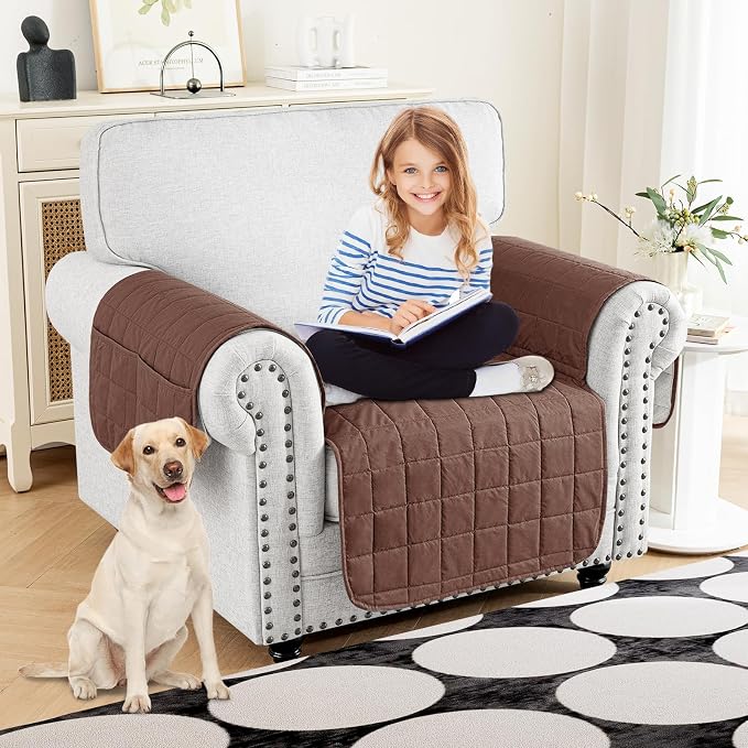 MAXIJIN Waterproof Chair Cover for Dogs Washable, Quilted Chair Seat Cover Sofa Slipcover for Armchair with Side Pockets, Non-Slip Furniture Protector for Pets Kids (Chair, Coffee) - Image 2