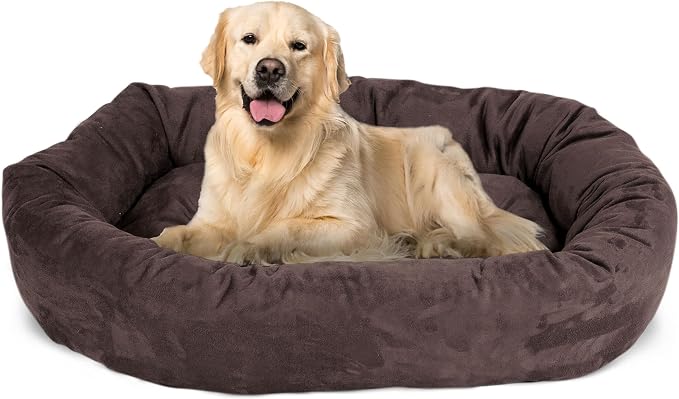 Majestic Pet 40 Inch Suede Calming Dog Bed Washable 40x29x9 (Inch) – Cozy Soft Round Donut Dog Bed with Spine Support for Dogs to Rest their Head - Round Pet Bed Large – Chocolate by MajesticPet