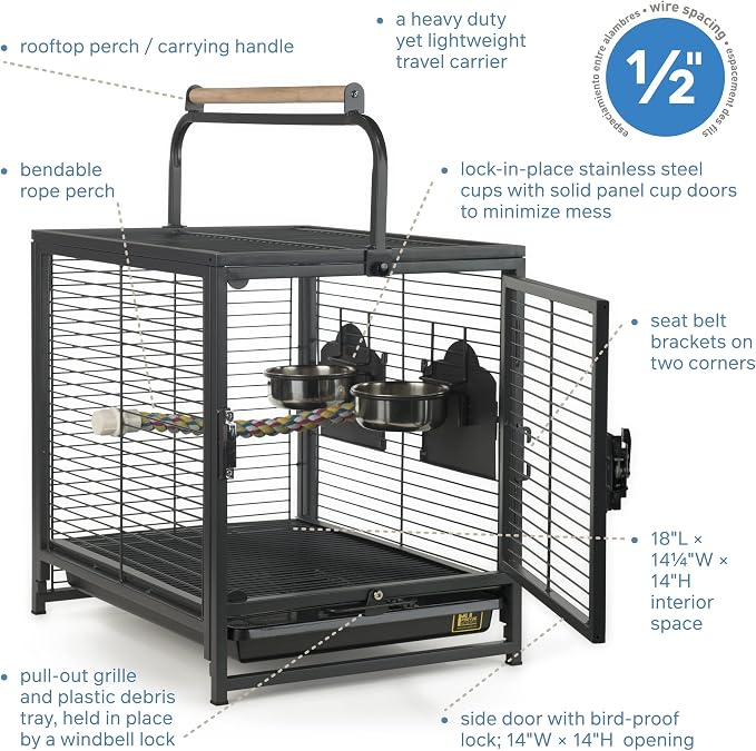 Prevue Pet Products Playtop Travel Carrier - Outdoor Travel Bird Cage for Small Parrots & Birds, Front Facing Door, Rope Perch, Lightweight & Portable, Easy Transport - Black - Image 7