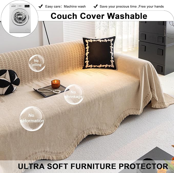 ROOMLIFE Khaki Sofa Cover, Vintage Boho Couch Cover for 3 Cushion Sofa, Non Slip Soft Chenille Sofa Slipcovers for Dog, Washable Furniture Sofa Protector Cover with Tassel for Living Room, 71''X150” - Image 6