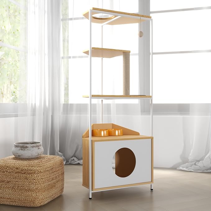 Corner Cat Tower, Cat Tree with Scratching Post, Cat Condo with Feeding Station and Climbing Platforms, Pet Furniture for Indoor Cats - Image 7