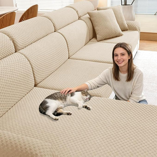 YEMYHOM Couch Cushion Covers for Sofa, Stretch Sectional Couch Seat Cushion Covers Washable Thick Furniture Protector Sofa Slipcovers for Pets (3 Seater + 1 Chaise, Beige) by YEMYHOM
