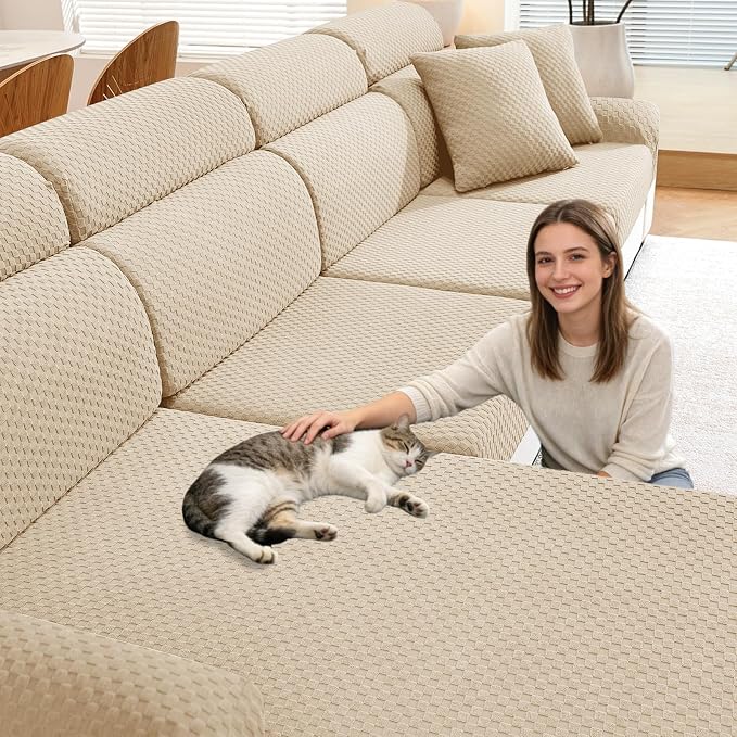 YEMYHOM Couch Cushion Covers for Sofa, Stretch Sectional Couch Seat Cushion Covers Washable Thick Furniture Protector Sofa Slipcovers for Pets (3 Seater + 1 Chaise, Beige) by YEMYHOM