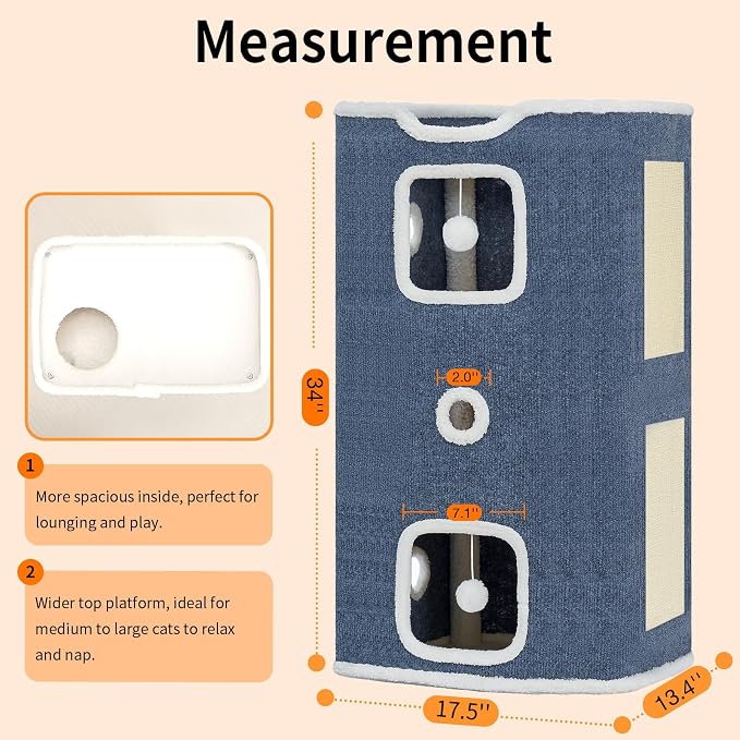 Cat House, Cat Beds for Indoor Cats, 3-Story Cat Condo Cube | Cat Bed Cave with Scratch Pad and Fluffy Ball Hanging, Multi-Level Cozy Hideout Center Ideal for Small/Medium Cats - Image 6