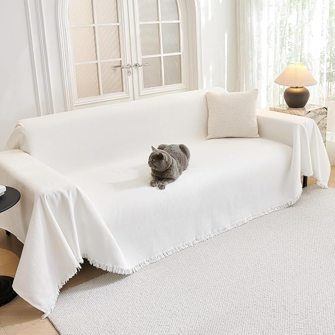 MYSKY HOME Couch Covers for Pets Thick Chenille White Cream Sofa Slipcover with Tassel Non Slip Soft Couch Sofa Cover, Washable Furniture Protector Sofa Slipcover with Tassel for Kids, Dogs, 91"x118" - Image 9