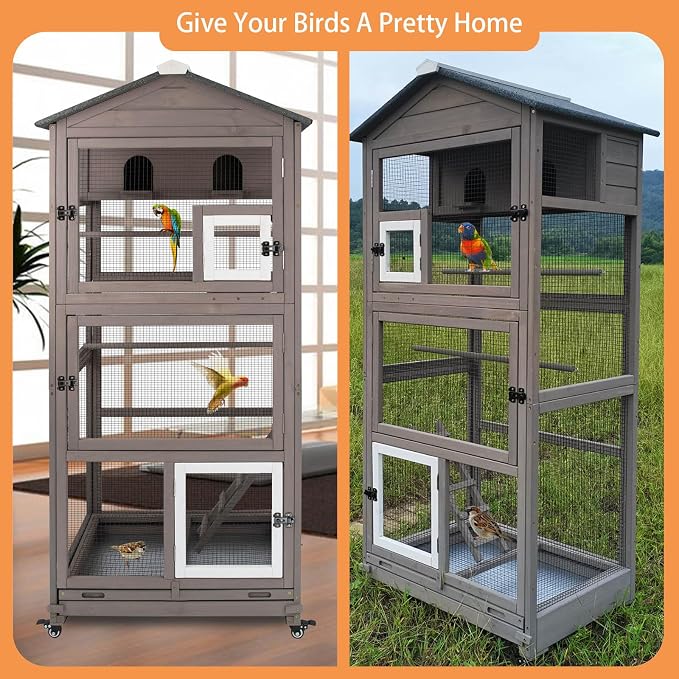 Gowoodhut 68.8"L Outdoor Bird Aviary Indoor Wooden Large Bird Cage Parakeet Cage on Wheels,Removable Wire Netting Slide Pull Out Tray, 2 Perches, Nest House,Ideal for Small Birds,Finches,Parrots,Grey - Image 7