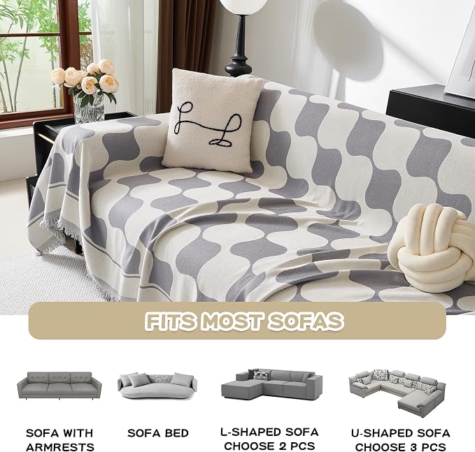 MEETSKY Oversized Couch Cover for Dogs Washable, Jacquard Couch Covers for 3 Cushion Couch Sofa, Sofa Slipcover for Sectional L Shape Chenille Throw Couch for Pets, 91" x 150", Grey Checkerboard - Image 3