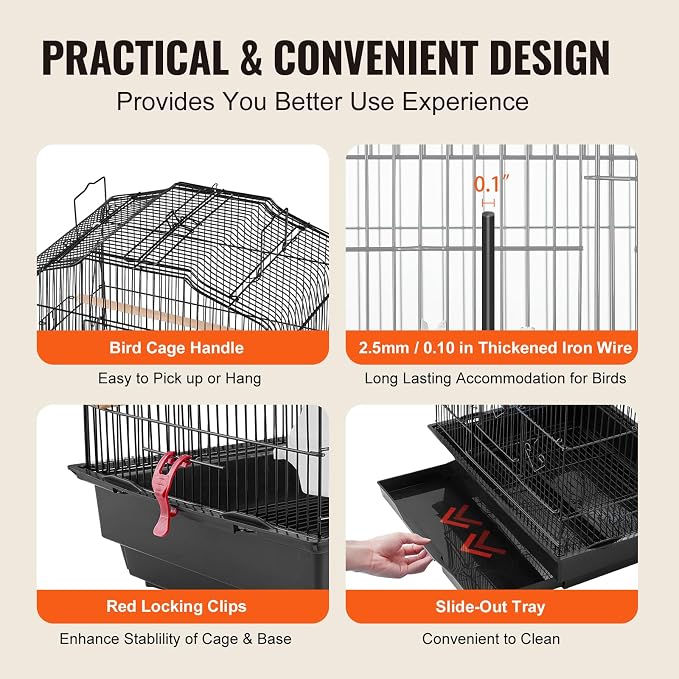 VEVOR 41-inch Open Top Large Parrot Bird Cage, Hanging Bird Cage for Parakeets Finches Canaries Lovebirds Cockatiels Budgies Small Quaker Conures Travel Pet Flight Birdcage with Swing and Perch - Image 6