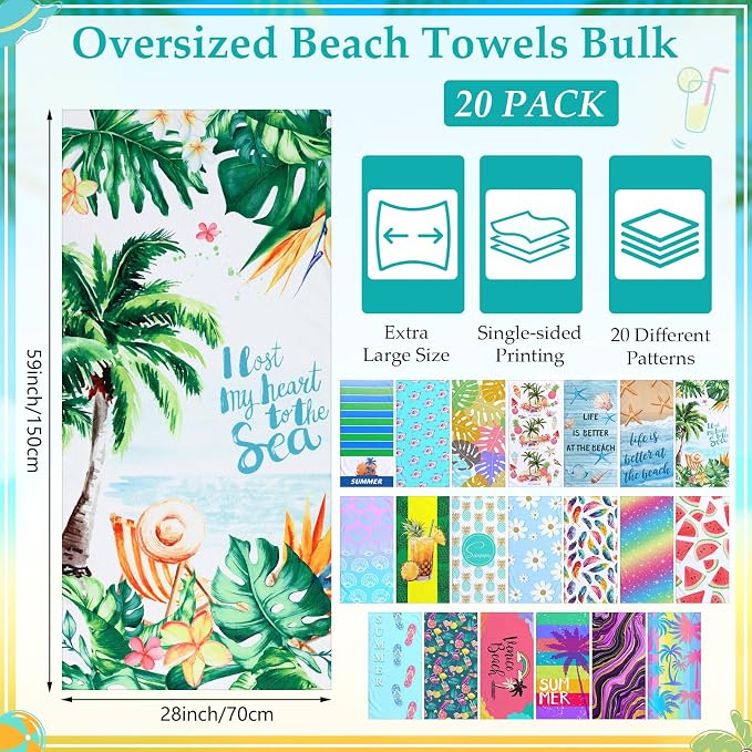Newwiee 20 Pack Oversized Microfiber Beach Towels Bulk 28x59 Inch Sand Free Quick Dry Pool Towels Absorbent & Lightweight Travel Bath Blanket for Beach, Gym, Swim, Vacation, Vibrant Mixed Patterns - Image 2