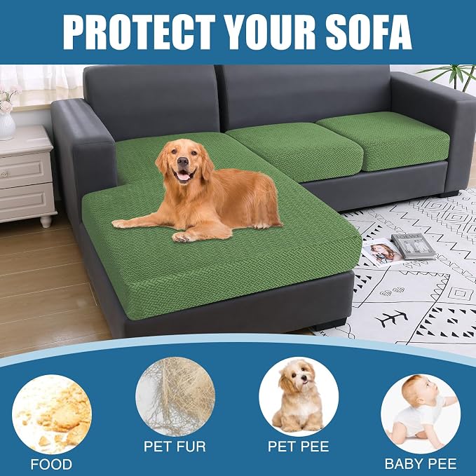 Smiry Waterproof Couch Cushion Covers, L Shape Sectional Couch Covers | Stretch Jacquard Chaise Lounge Sofa Slipcover, Washable Elastic Furniture Protector for Pets, Chaise, Grass Green - Image 5