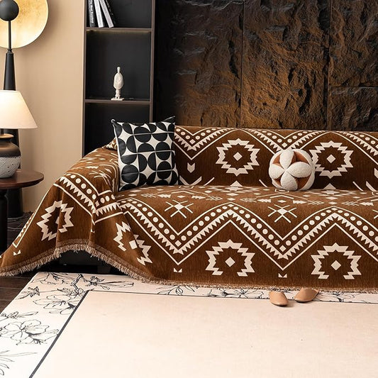 VClife Bohemian Couch Cover Aztec Geometric Chenille Sofa Cover for Sectional Couch - Brown and White Zigzag Pattern Sofa Slipcover for 2 Cushion Couch Sofa 71" X 150" by VCLIFE