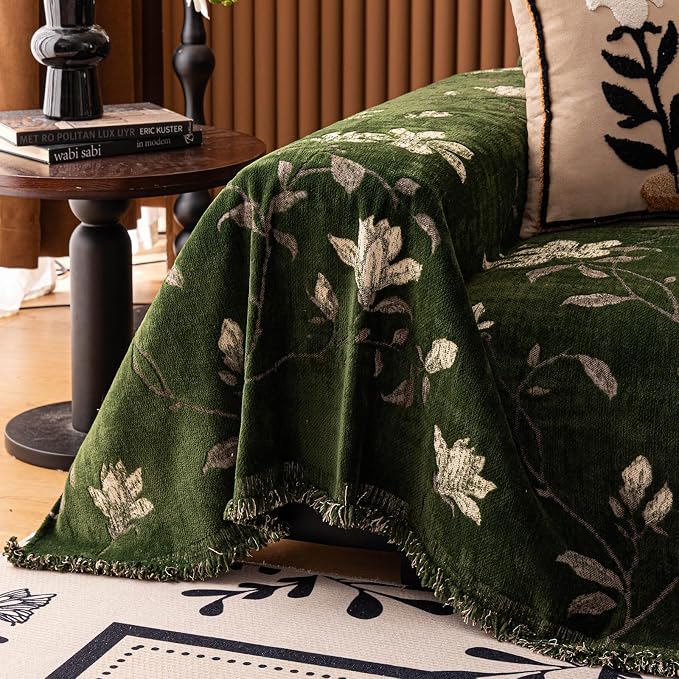 STACYPIK Garden Floral Green Couch Cover Vintage Jacquard Chenille Sofa Cover Reversible, Botanical Floral Couch Slipcover for 3 Cushion Couch, Dog Loveseat Sofa Cover Versatile Throw Blanket-71X134IN - Image 5