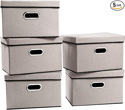 PRANDOM Foldable Storage Bin with Lid [5-Pack] Linen Fabric Decorative Storage Box Organizer Container Basket Cube with Handles Divider for Closet Office Living Room Light Grey(14.9x9.8x9.8) by Prandom