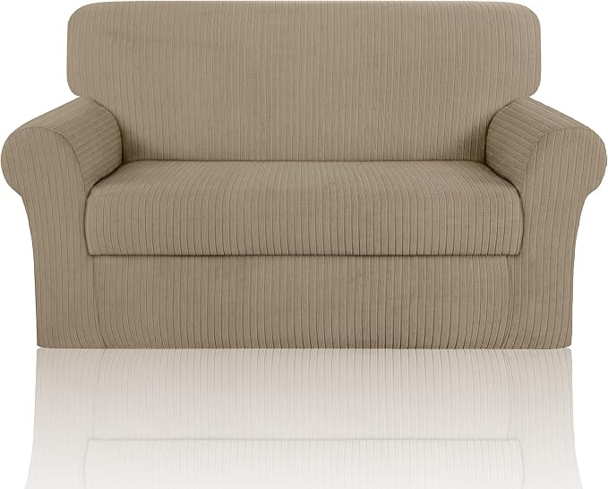 Loveseat Cover Stretching Skid Resistance Couch Cover for Pets Washable, Thick and Durable Soft High Spandex Striped Pattern Sofa Covers, Form Fitted Love Seat Slipcover(Loveseat, Khaki) by ChengEase