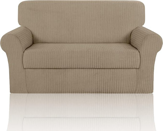 Loveseat Cover Stretching Skid Resistance Couch Cover for Pets Washable, Thick and Durable Soft High Spandex Striped Pattern Sofa Covers, Form Fitted Love Seat Slipcover(Loveseat, Khaki) by ChengEase