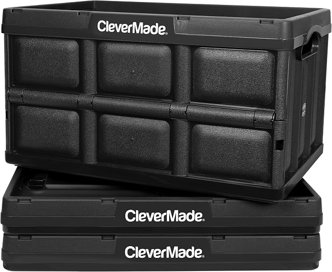 CleverMade Collapsible Storage Bins, 62L, 3 Pack, Obsidian | Extra-large bins support 100 lb for groceries, tools, and gear. They stack securely and fold to 2.75 inches for storage. - Image 10