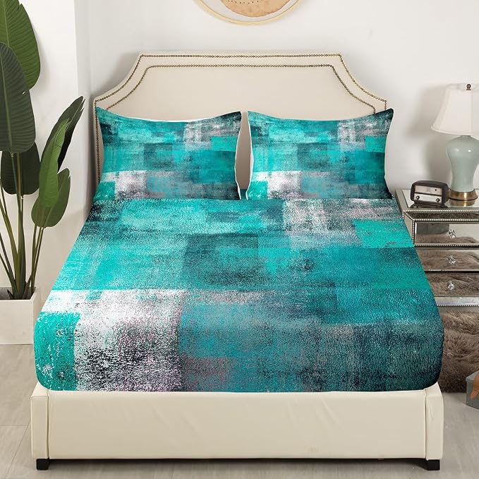 Erosebridal Teal Bed Sheets Set for Kids Boys Girls,Mid Century Sheet Set King,Oil Painting Sheets,Watercolor Ombre Abstract Art Flat Fitted Sheet with 2 Pillowcases Bedroom Decor - Image 3