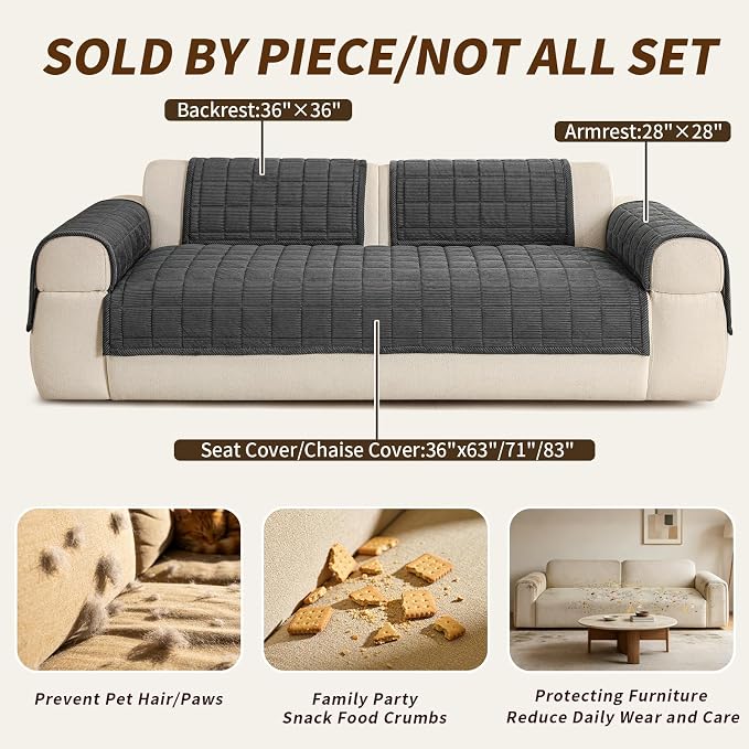 Velvet Couch Covers for Sectional Sofa Washable, Non-Slip L Shaped Sectional Couch Cover, Soft Pet Couch Covers for Sofa, Furniture Slipcovers for 3 Cushion Couch(1PC,35"x94",Dark Grey) - Image 6
