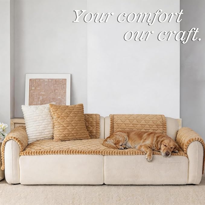 Luxury Fuzzy Pet Couch Cover for Dogs,Washable Sofa Cover, Non-Slip Sofa Protector for 3 Cushion Couch, Thick Plush Furniture Cover, Elegant Pet-Friendly Home Décor(Khaki,28"x94") - Image 3