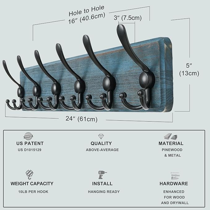 Dseap Coat Rack Wall Mounted - 24" Long 6 Tri Hooks, Heavy Duty Wooden Wall Coat Hanger Coat Hook for Clothes Hat Jacket Clothing, Weathered Blue and Black, Pack of 2 - Image 6
